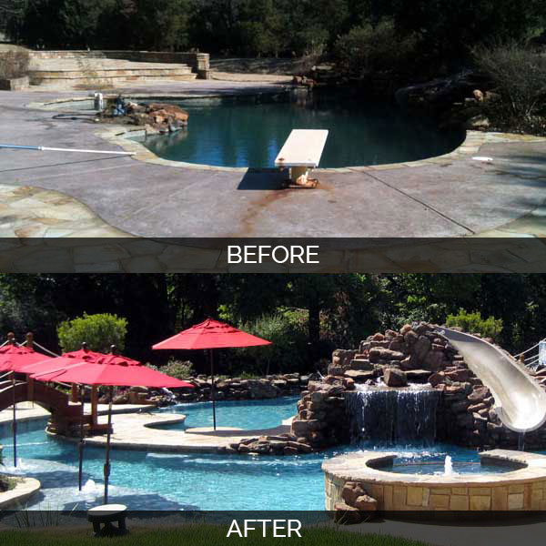 Before and after scenic images of pool area that has been transformed with a brand new pool area with red umbrellas